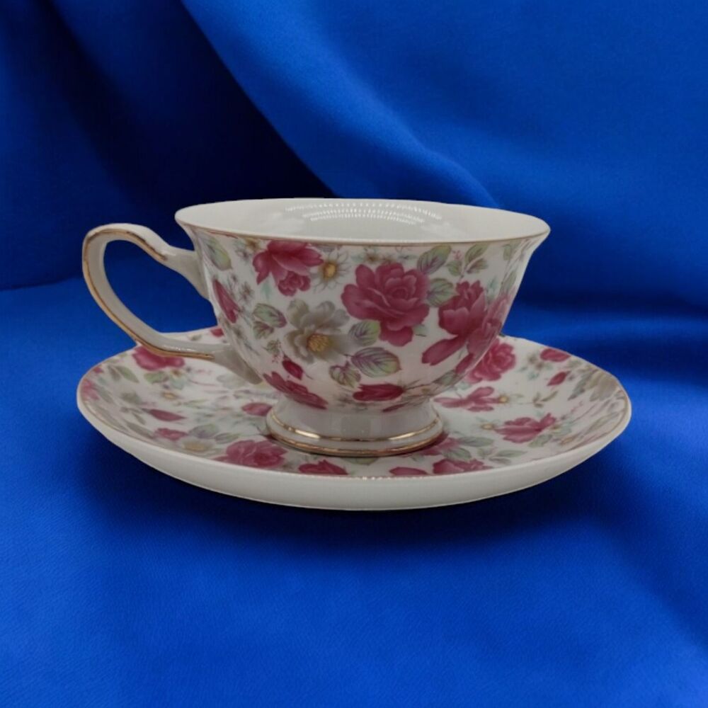 Grace's Teaware Victorian Charm Cup and Saucer Set Pink Floral Blooming Roses